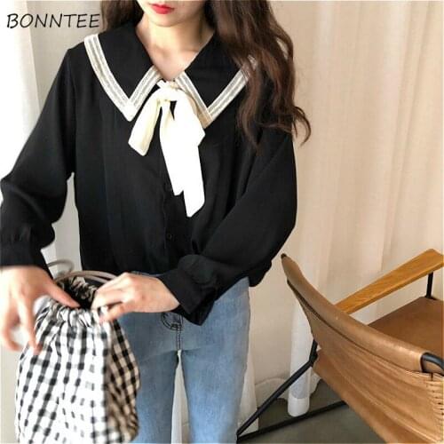 Shirts Women Student Bow Peter Pan Collar Casual Lovely All-match Loose European Style Fashionable Puff Sleeve Patchwork Spring