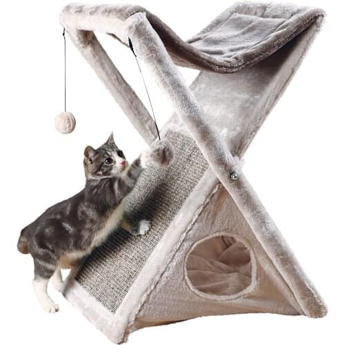 TRIXIE Miguel Fold and Store Cat Hammock | Dangling Pom Poms | Scratching Pad | Cat Cave