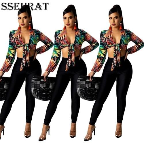 SSEURAT Sexy Womens Tops Long Sleeve V-neck Print Crop Top Shirts Spring 2021 Casual Clothing