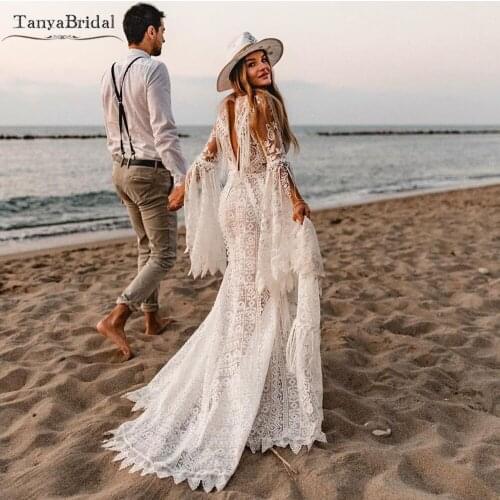 Unique Lace Free-Spirited Boho Wedding Dresses Flare Sleeve Fringer Tassel Bridal Gowns Mermaid Charming Vestido De Noivas DW585