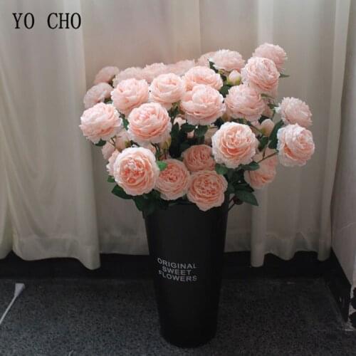YO CHO 3 Heads White Yellow Peonies Artificial Flowers Silk Flowers Peony Bouquet Fake Flower Wedding Party Decorative Flowers