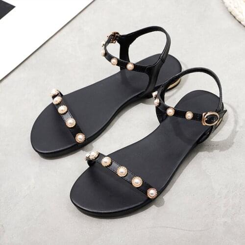 SKLFGXZY Summer New Arrival Girls Sandals Genuine Leather Fashion Pearl Womens Shoes Real Cowhide Sandals Size 34-46