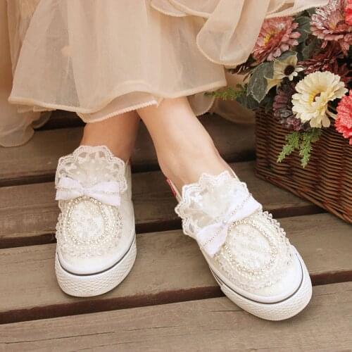 Spring and Autumn Womens Canvas Shoe Fashion Casual Low Top Flat Pearl Foot Bow Single Shoes Comfortable Large Size 35-40