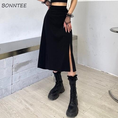 Skirts Women Summer French Style Black Gothic Punk A-line High Waist Slim Sexy Side Slit Mid-calf Faldas All-match Streetwear