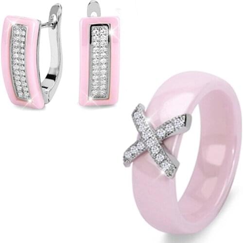 New Female Jewelry Set Black White Ceramic For Women Bling Cubic Zircon Vintage Ring And Earrings Fashion Cross & U Shape Design