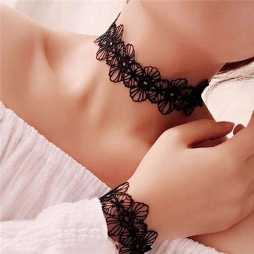 DIEZI Fashion New 2017 Women Width Black White Lace Flower Choker Necklace Bracelet Punk Gothic Jewelry Set For Wedding Party