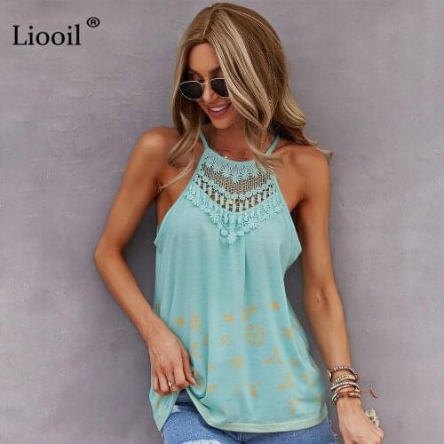 Liooil Patchwork Lace Top For Women Hollow Out Sleeveless T Shirt Bandage Off Shoulder Top Summer Casual Printed Tshirt 2021