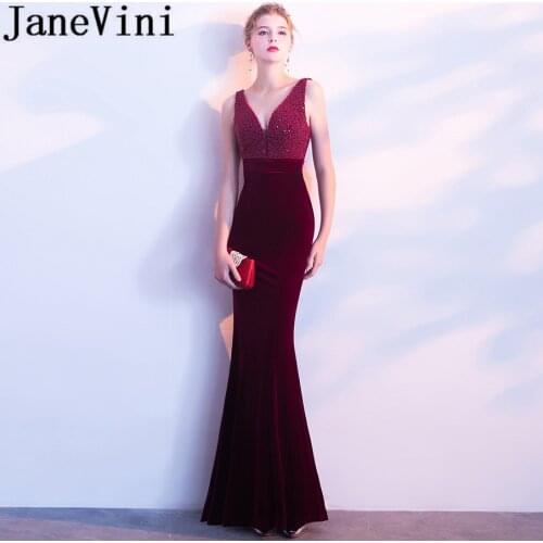 JaneVini Vestidos Luxurious Beaded Long Mother of the Bride Dresses Mermaid Deep V Neck Velvet Green Evening Gowns Floor Length