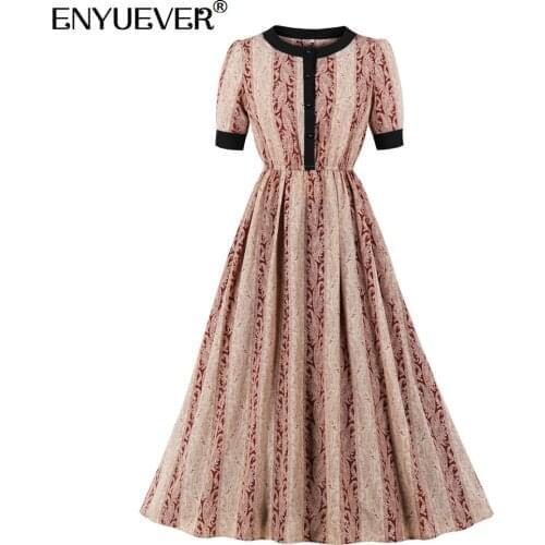 Enyuever Elegant Casual Dress Women Clothing Short Sleeve Button Robe Retro Swing Vintage Print Long Office Ladies Dresses