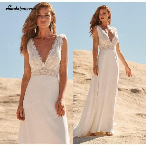 New V-Neck Lace Boho Beach Wedding Dresses Women Backless Chiffon Simple Long A Line Bohemian Bridal Gown vestido de novia