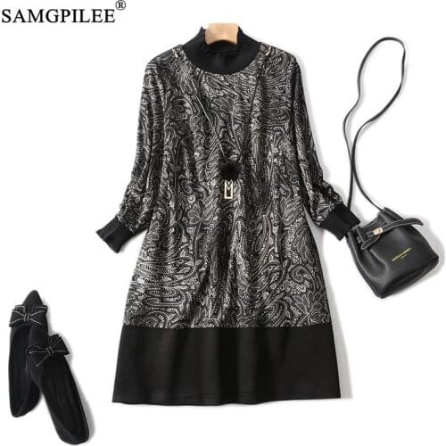 Winter Dresses For Women 2021 Office Lady A-line Print Three Quarter Sleeve Knee-length O-neck Plus Size Dress For Parties 4XL
