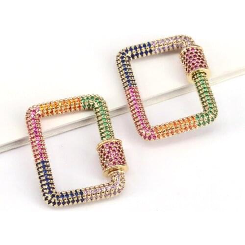 3Pcs, Pave Rainbow Cz Rectangle Shape Screw Clasp or Pendant, Metal Plated Gold Color