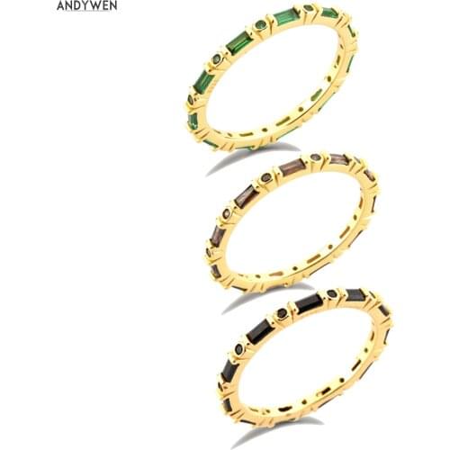 ANDYWEN 925 Sterling Silver Three Zircon Anillofino Marilyn Rings Zircon Green Coffee Black Women Jewelry Rock Punk Jewellry