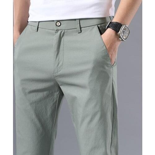 2021 New Men Linen Cotton Casual Pants Fashion Business Elastic Waist Straight Light Trousers Male Brand Gray Green