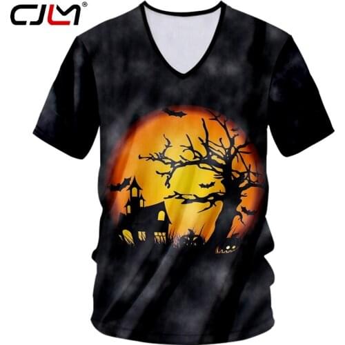 CJLM Horrible Halloween Mens Big Size 6Xl V Neck Tshirt 3D Printed Pumpkin House Man Fashion T-shirt Best Selling Tee Shirt 5XL
