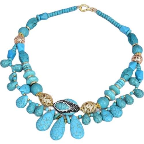 JK 18'' 2 Rows Multi Shape Blue Turquoise Gems Stone CZ Necklace