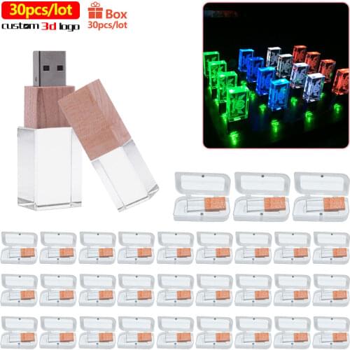 30 pcs free logo bamboo Crystal usb 2.0 4GB 8GB 32GB 64GB 128GB memory flash stick pen drive with white packing box