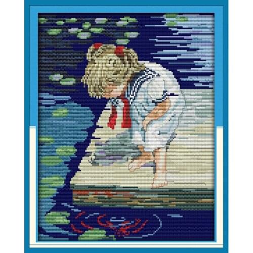 Joy Sunday Lakeside Girl Chinese Cross Stitch Kits Ecological Cotton Clear Stamped Printed 11CT DIY Wedding Decoration For Home