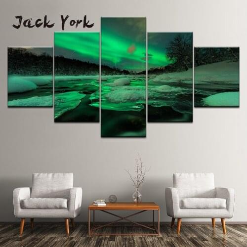 Canvas Painting beautiful landscape Green Aurora 5 Pieces Wall Art Painting Modular Wallpapers Poster Print Home Decor