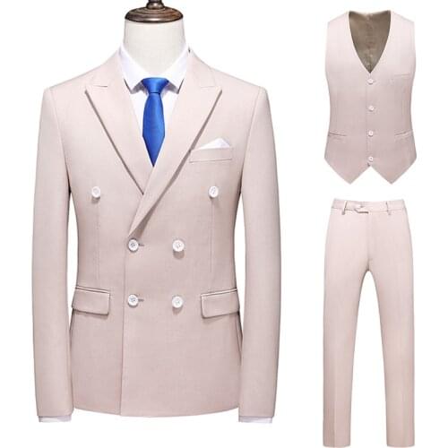 3 Pcs Set Suit Jacket Pants Vest / Fashion Mens Casual Boutique Double Breasted Solid Color Blazers Coat Trousers Waistcoat
