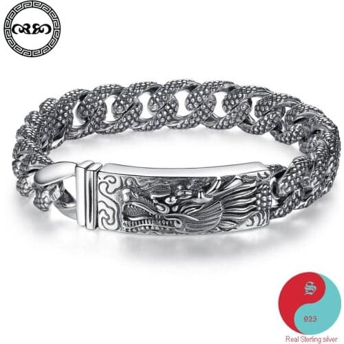 Trendy Ethnic Real Pure 925 Sterling Silver Bracelet Men Retro Heavy Dragons Bracelet Chinese Luck Bracelet Fine Jewelry