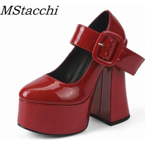 MStacchi Fashion Womens Platform High Heel Shoes Genuine Leather Buckle Outdoor Thick Bottom Shoes Party Wedding Shoes Ladies