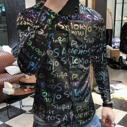 Korean Personalized Colorful Men Long Sleeve Slim Fit Shirt Men Fashion Casual Rainbow Letter Shirt Dress Ropa De Hombre 2021