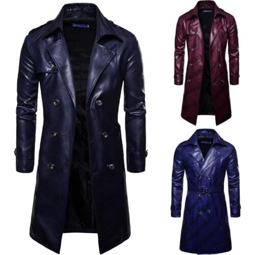 Men Winter Warm Faux Leather Coats Double Breasted Long Trench Coat Male Outerwear Overcoat PU Leather Jacket Parka (M-XXXL)