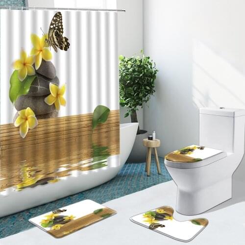 Zen Stone Lotus Butterfly Bathroom Set Shower Curtain Fabric Desert Bamboo Non-Slip Rugs Flannel Toilet Carpet Cover With Hooks