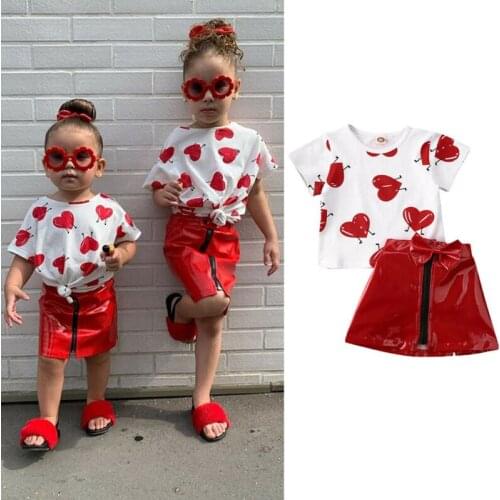 New Fashion 6M-5Years Toddler Baby Girls 2PCS Valentines Day Clothes Summer Short Sleeve T-shirt Top+PU Skirt Outfits Set