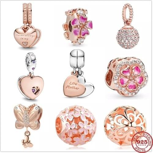 Newst 925 Sterling Silver Beads Pink Daisy Flower Dangle Charm Rose Gold Fit Original Pandora Charms silver 925 Bracelet Jewelry