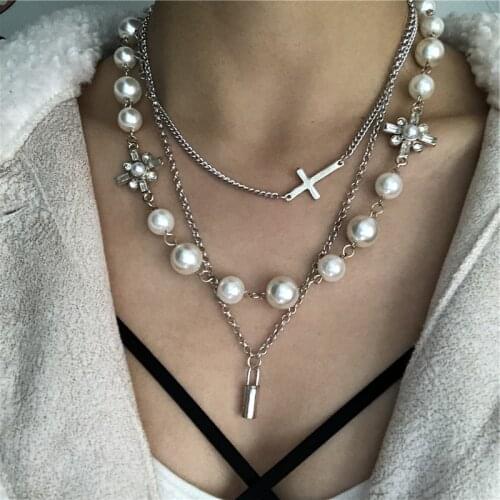 2020 Hip Hop Multi-layer Imitation Irregular Pearls Chain Metal Circle Cross Link Chain Necklace for Women Jewelry