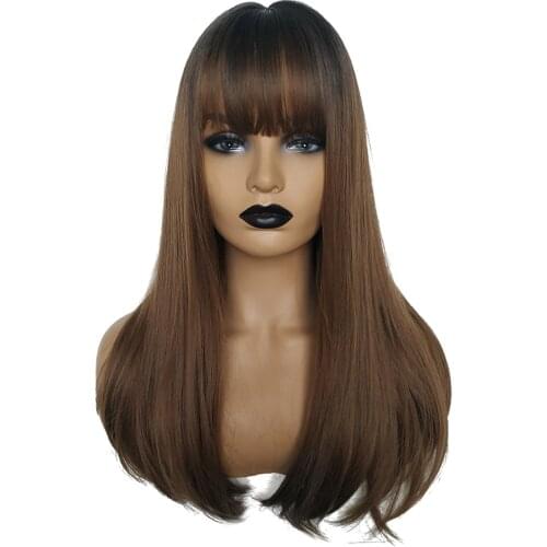 Long Light Brown Wig with Bangs Highlights Straight Synthetic Full Wig Heat Resistant Costume Wig for Women Girl and Ladys
