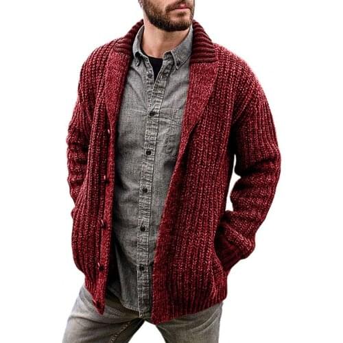 Simple Men Sweater Solid Color Turn-down Collar Long Sleeve Anti-shrink Single-breasted Warm Male Sweater for Daily Wear