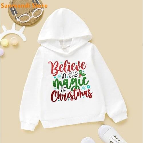 Christmas Believe Clothes for Boys and Girls Cute Graphic Hoodie Children Autumn Winter Plus Velvet Top Teen Kids Friends Gift