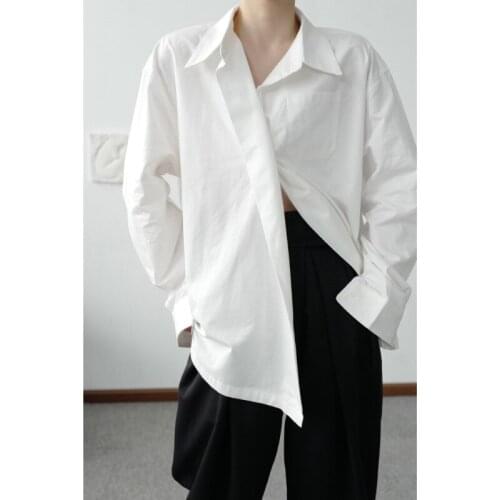 Niche Sense Of Design Senior Oblique Border Irregular Shirt Mens Long-sleeved Loose Solid Color Asymmetric Shirt