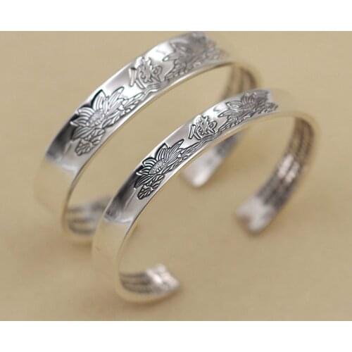 S999 Sterling Silver Vintage Ethnic Style Classical Jewelry Lotus Thai Silver Male And Female Seclusion Evil Open Ended Bangle