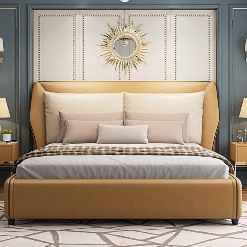 Light luxury genuine leather bed 1.8m master bedroom double bed modern minimalist soft bed hotel real wood bedroom wedding bed