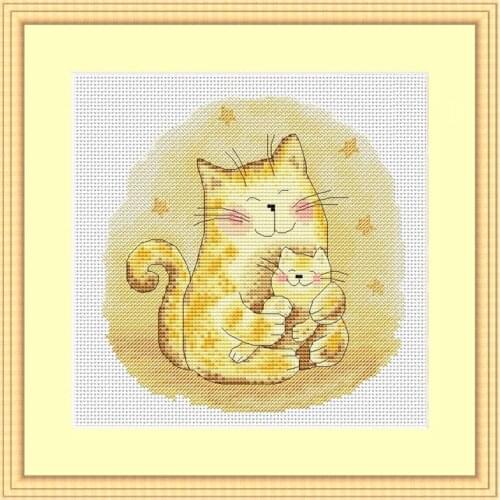Precisely Printed Fishxx Cross Stitch Kit A3286 Mother Cat And Little Mother Warm Yellow Embroidered Hanging Picture