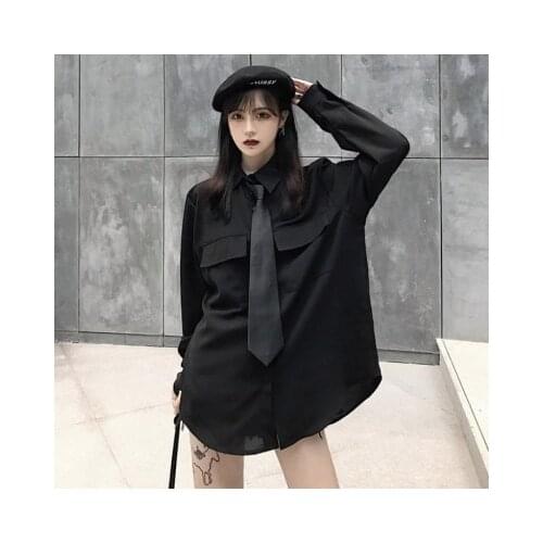 Ruibbit Spring Autumn Harajuku Women Blouses Punk Streetwear Black Casual Gothic Blouse Preppy Long Sleeve Loose Shirt Tops
