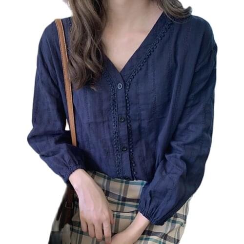 Cotton Ladies Shirts Lace Button White Shirt Women V-Neck Blusas Mujer De Moda 2021 Long Sleeve Loose Womens Tops And Blouses