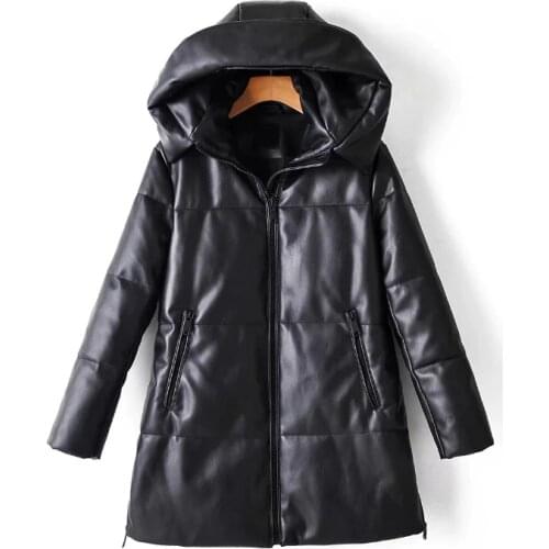 Solid Stand Collar PU Parkas Women Fashion Collected Waisted Coats Women Elegant Covered Button Cotton Jackets Female Ladies