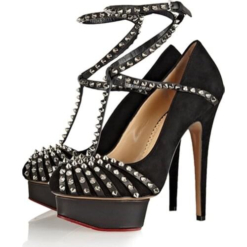 Womens Platform Rivets Stud Stilettos High Heel Punk T-strap Sandals Shoes Real Leather Black Red New 2021
