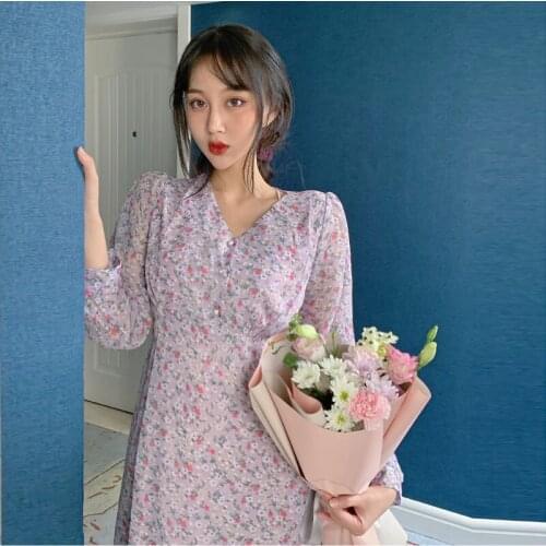 Women Summer Purple Mini Chiffon Flower Dress Vintage Long Sleeve Sexy V Neck Short Sundress with Waistbelt