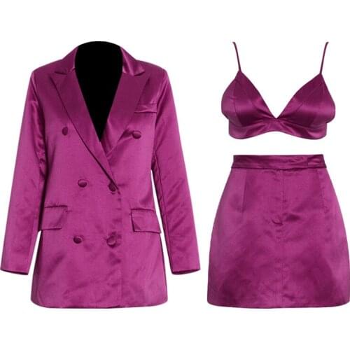 Dark Purple Double-Breasted Suit Camisole Short Hip Skirt Tide Brand 2021 Summer New Three-Piece Set Holiday Sexy Women Clothes