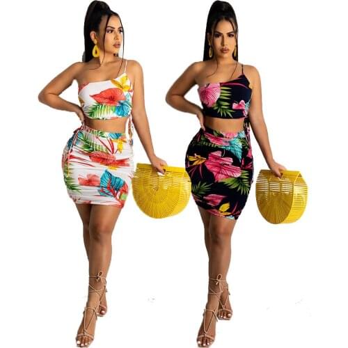 Fashion Print Dress Sets One Shoulder Skew Collar Bandage Short Tops High Waist Bag-hip Skirt 2PC Set Summer Beach Women Clothes