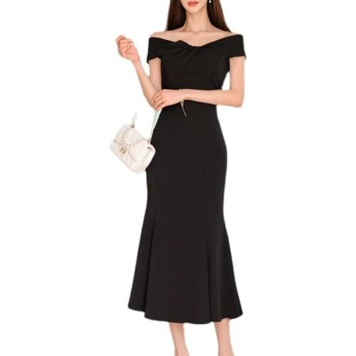 Black maxi tight Dress one piece korean ladies SUmmer off shoulder Slash neck cabaret party forma Dresses for women