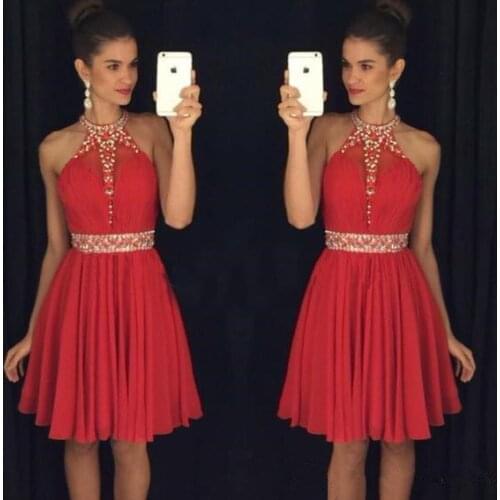 2020 Short Red Chiffon Homecoming Dresses with Silver Beaded Halter Neck Cocktail Party Gowns A Line Cheap Bridesmaid Dress