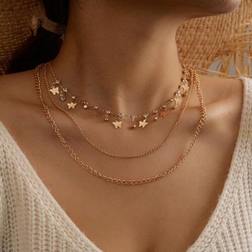 2020 Fashion Jewelry New Trendy Multilayer Gold Chain Crystal Small Butterfly Necklace Collar Choker Necklaces For Women