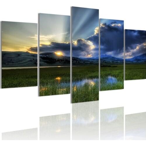 Sunbeams Clouds Mountains Nature 5 Panels DIY Wood Frame Canvas Painting Poster Wall Art Print Picture Living Room Home Decor